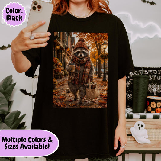 Cute raccoon wearing a knitted beanie and plaid scarf while carrying books and a coffee cup on a charming autumn street filled with colorful fall leaves, cozy storefronts, and warm seasonal scenery.