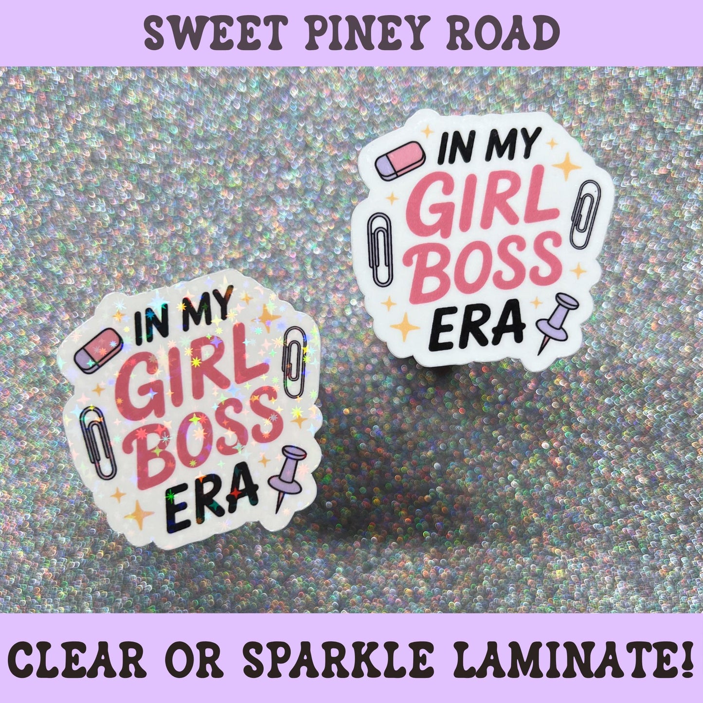 Pink and black "In My Girl Boss Era" sticker featuring office supplies and sparkles, motivational office sticker for entrepreneurs, career women, and business owners.