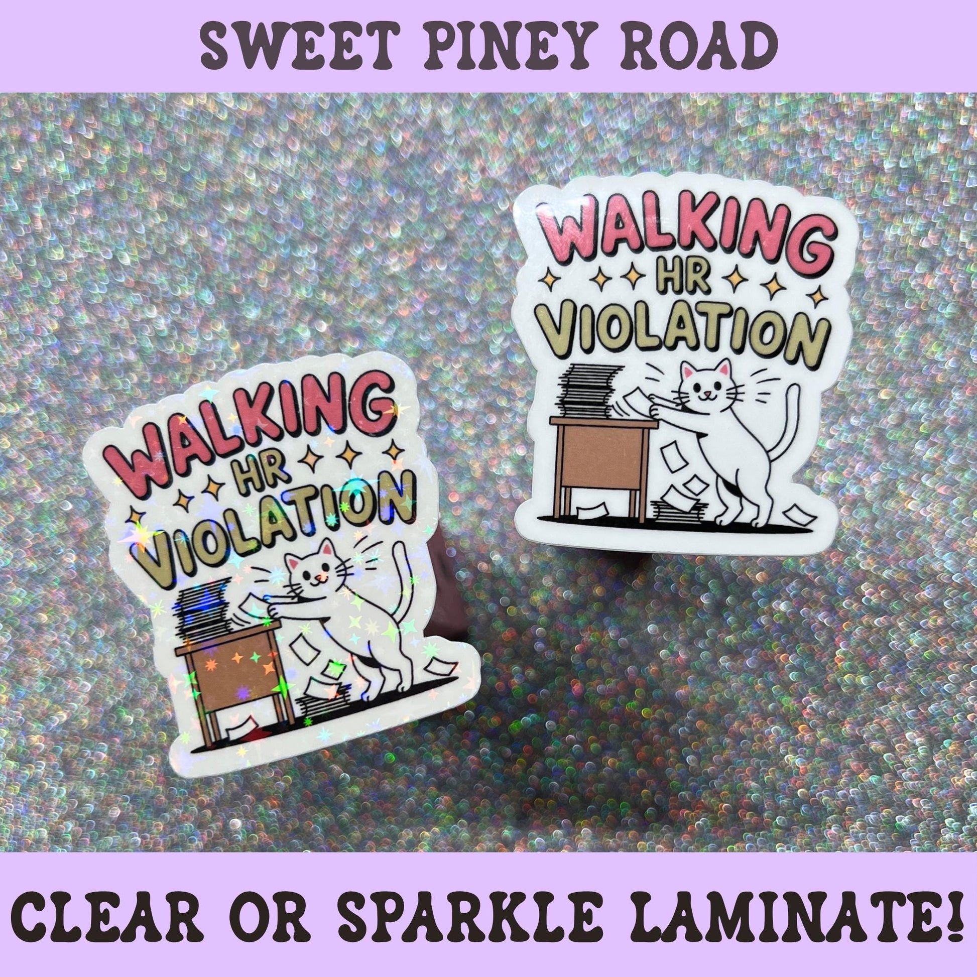 Funny office cat sticker reading "Walking HR Violation" featuring a white cat knocking paperwork off a desk, workplace humor sticker.