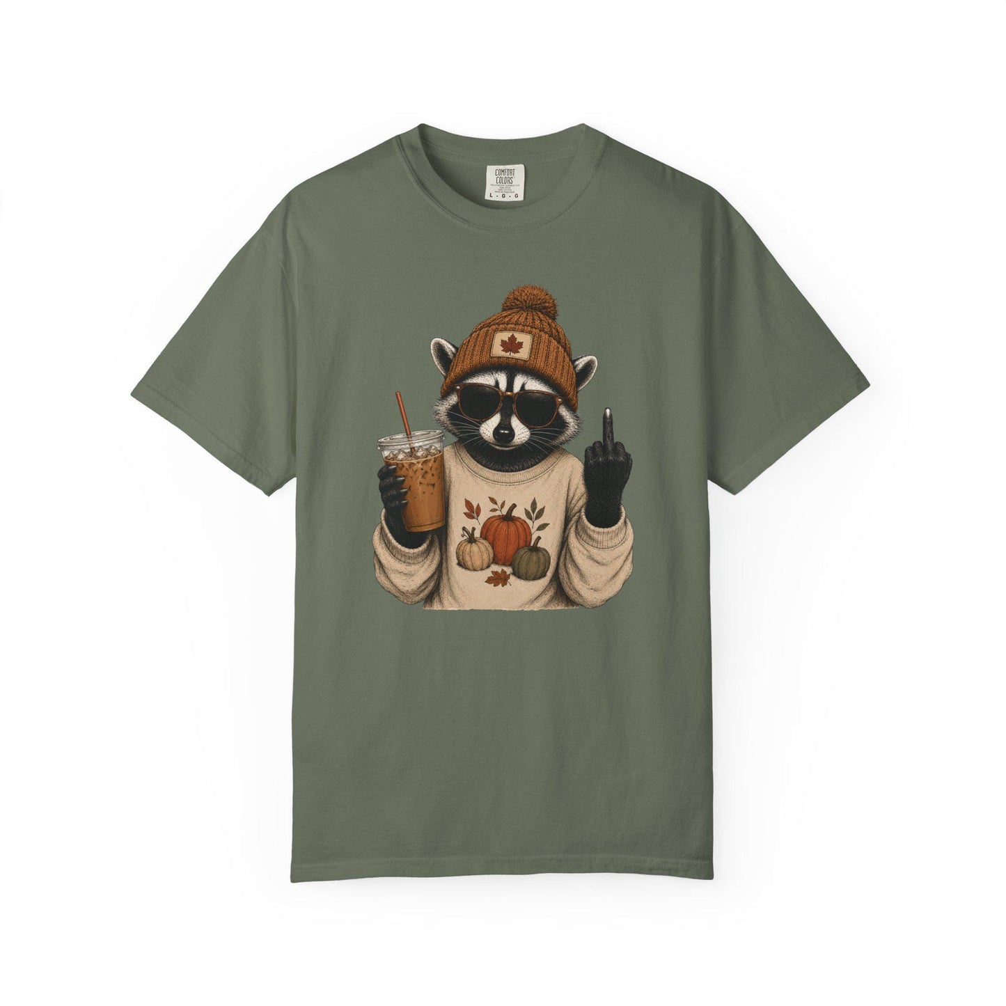 Funny Fall Raccoon Shirt, Cozy Autumn Coffee Lover Tee, Cute Woodland Animal Graphic T-Shirt, Pumpkin Season Gift