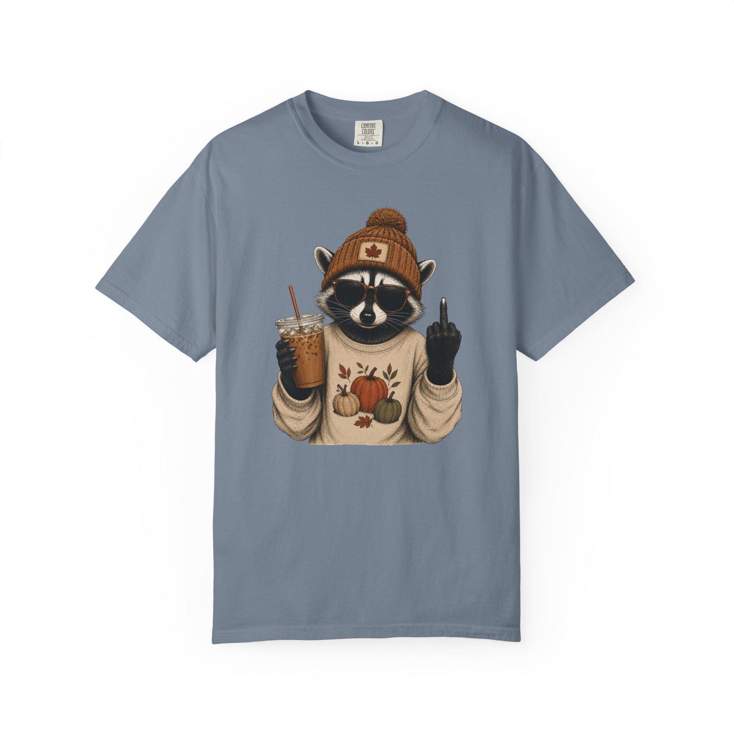 Funny Fall Raccoon Shirt, Cozy Autumn Coffee Lover Tee, Cute Woodland Animal Graphic T-Shirt, Pumpkin Season Gift