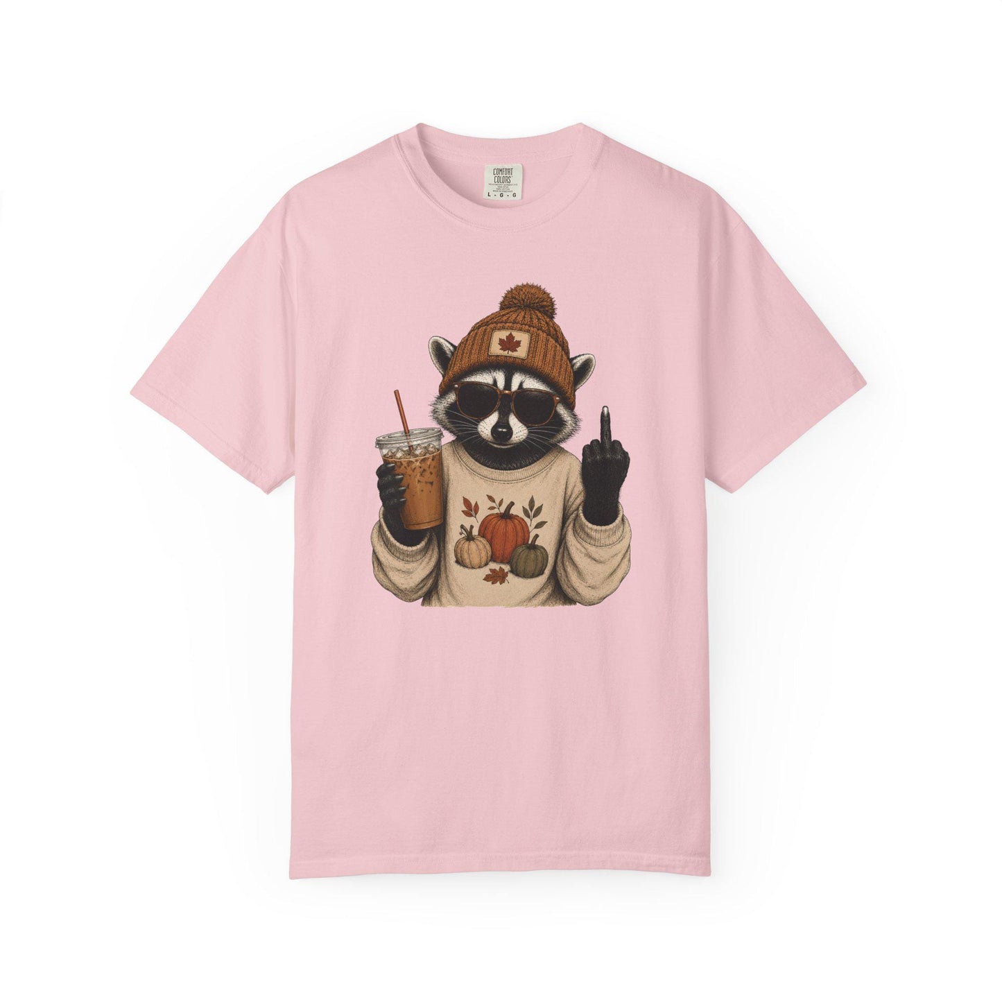Funny Fall Raccoon Shirt, Cozy Autumn Coffee Lover Tee, Cute Woodland Animal Graphic T-Shirt, Pumpkin Season Gift