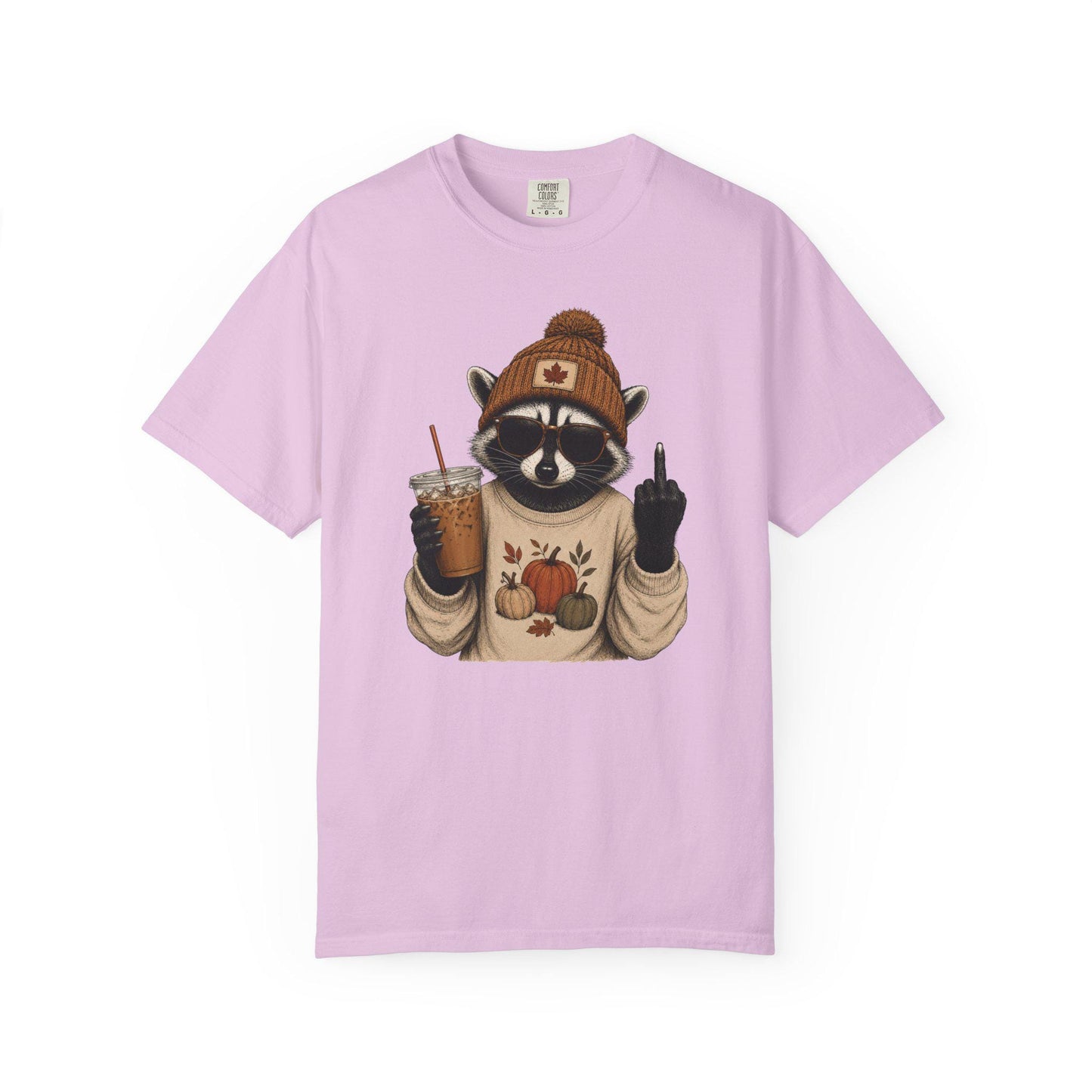 Funny Fall Raccoon Shirt, Cozy Autumn Coffee Lover Tee, Cute Woodland Animal Graphic T-Shirt, Pumpkin Season Gift