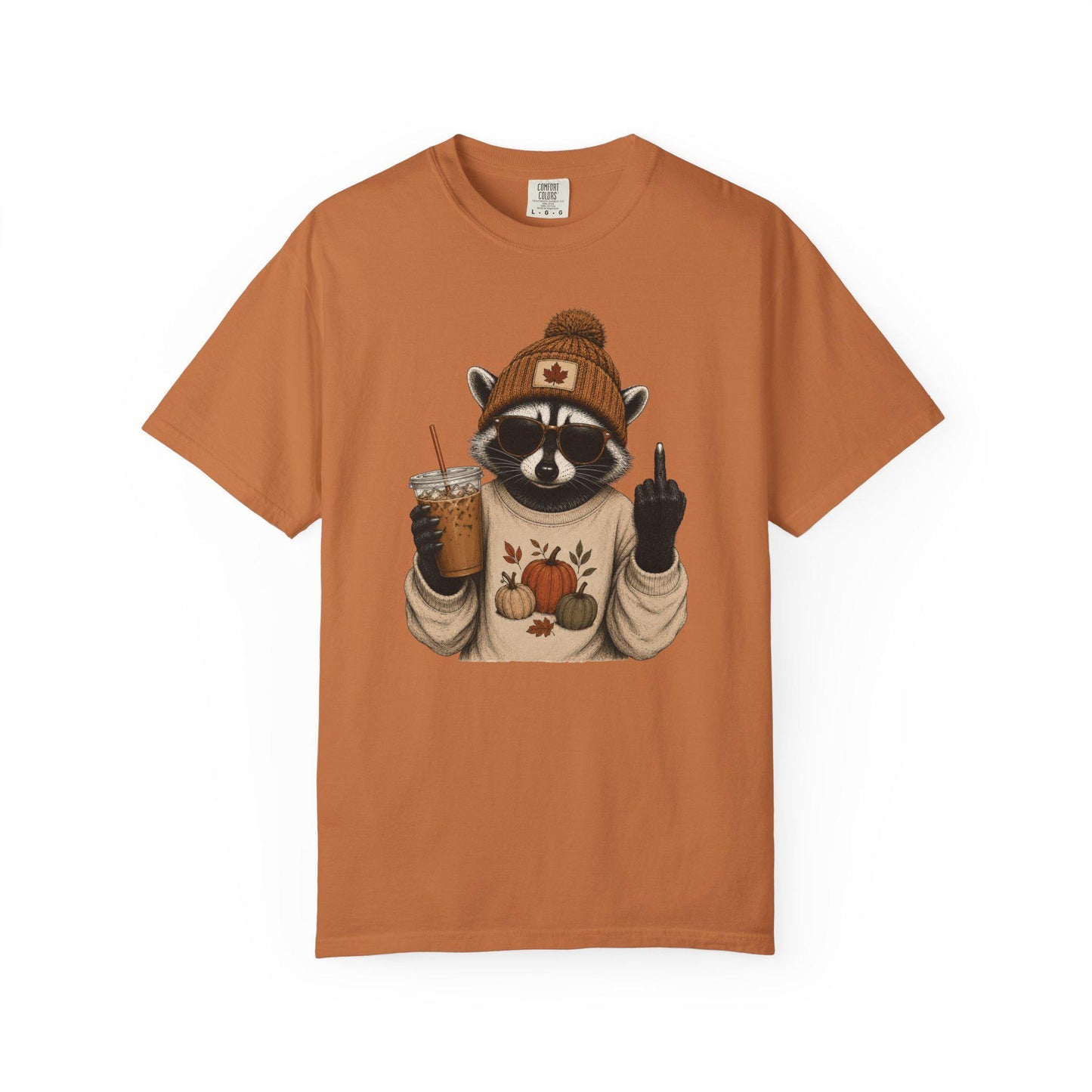 Funny Fall Raccoon Shirt, Cozy Autumn Coffee Lover Tee, Cute Woodland Animal Graphic T-Shirt, Pumpkin Season Gift
