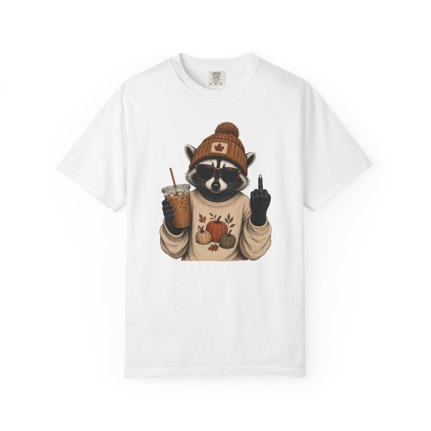 Funny Fall Raccoon Shirt, Cozy Autumn Coffee Lover Tee, Cute Woodland Animal Graphic T-Shirt, Pumpkin Season Gift