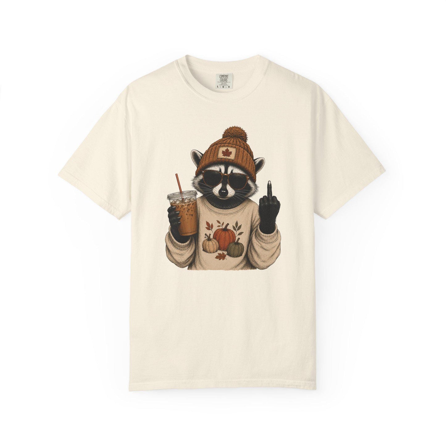 Funny Fall Raccoon Shirt, Cozy Autumn Coffee Lover Tee, Cute Woodland Animal Graphic T-Shirt, Pumpkin Season Gift