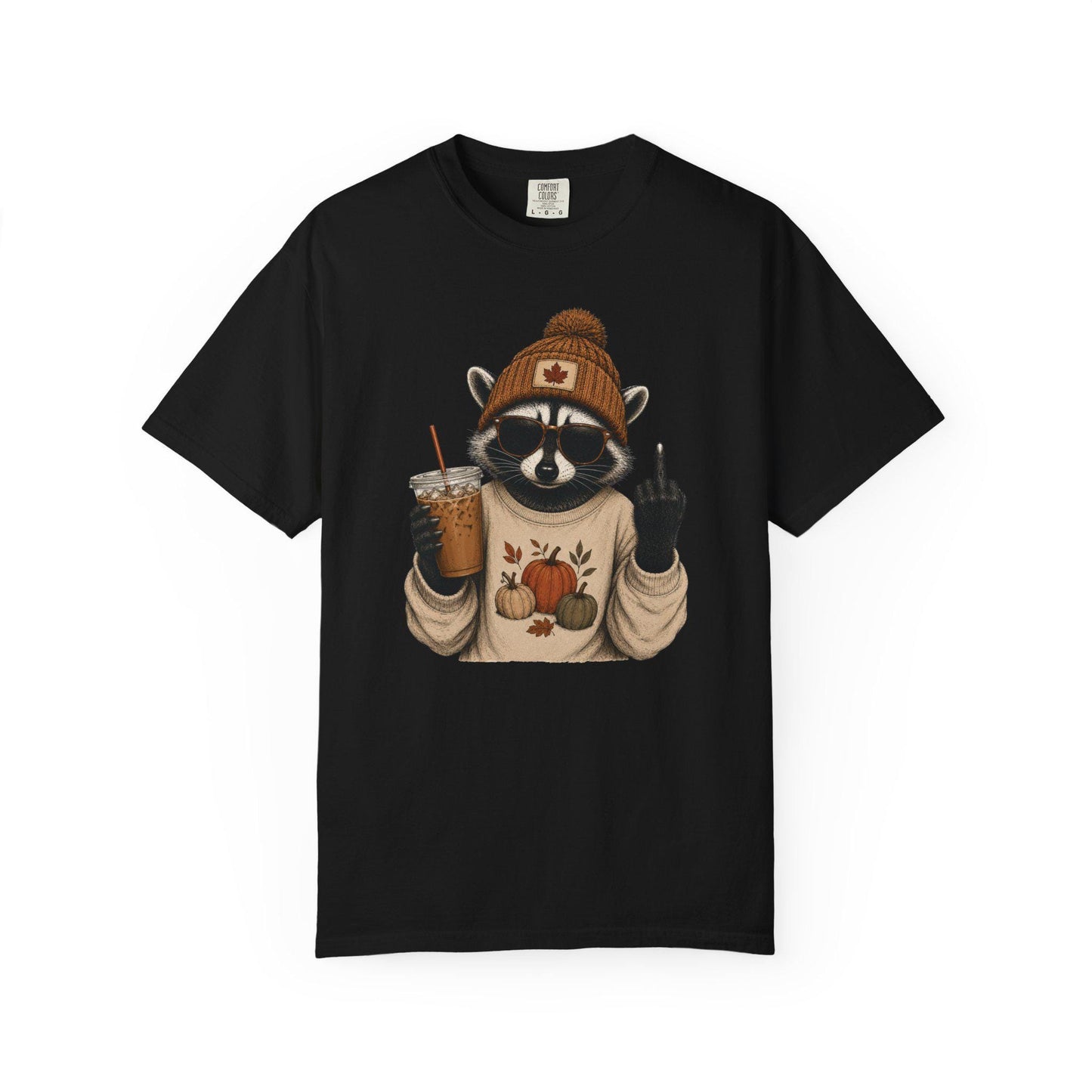 Funny Fall Raccoon Shirt, Cozy Autumn Coffee Lover Tee, Cute Woodland Animal Graphic T-Shirt, Pumpkin Season Gift
