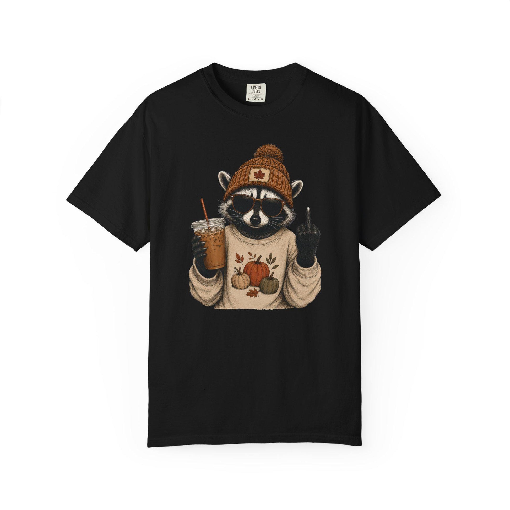 Funny Fall Raccoon Shirt, Cozy Autumn Coffee Lover Tee, Cute Woodland Animal Graphic T-Shirt, Pumpkin Season Gift