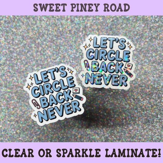Funny office humor sticker featuring the phrase "Let's Circle Back Never" with office-themed accents.