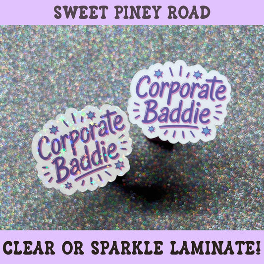 Pastel purple and pink Corporate Baddie sticker featuring playful typography and star accents, designed for office workers, career women, and workplace humor lovers.