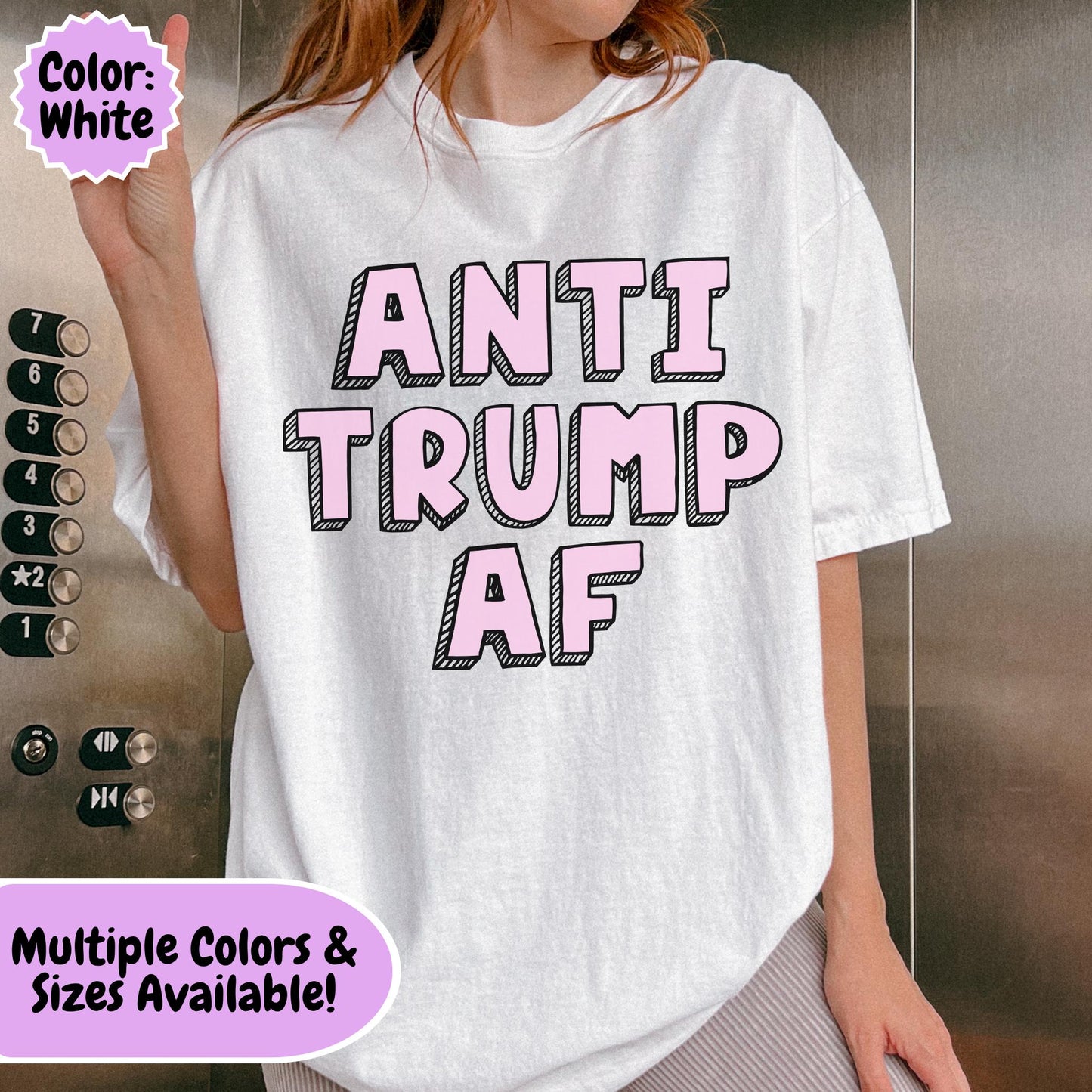 Minimalist political typography design featuring the phrase "Anti Trump AF" in large pink block letters on a black background.