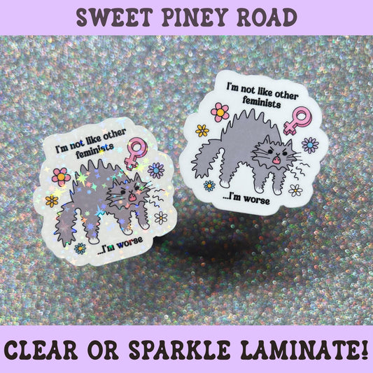 Funny feminist cat sticker featuring an angry fluffy cat with flowers and the phrase "I'm Not Like Other Feminists, I'm Worse" in a colorful holographic design.