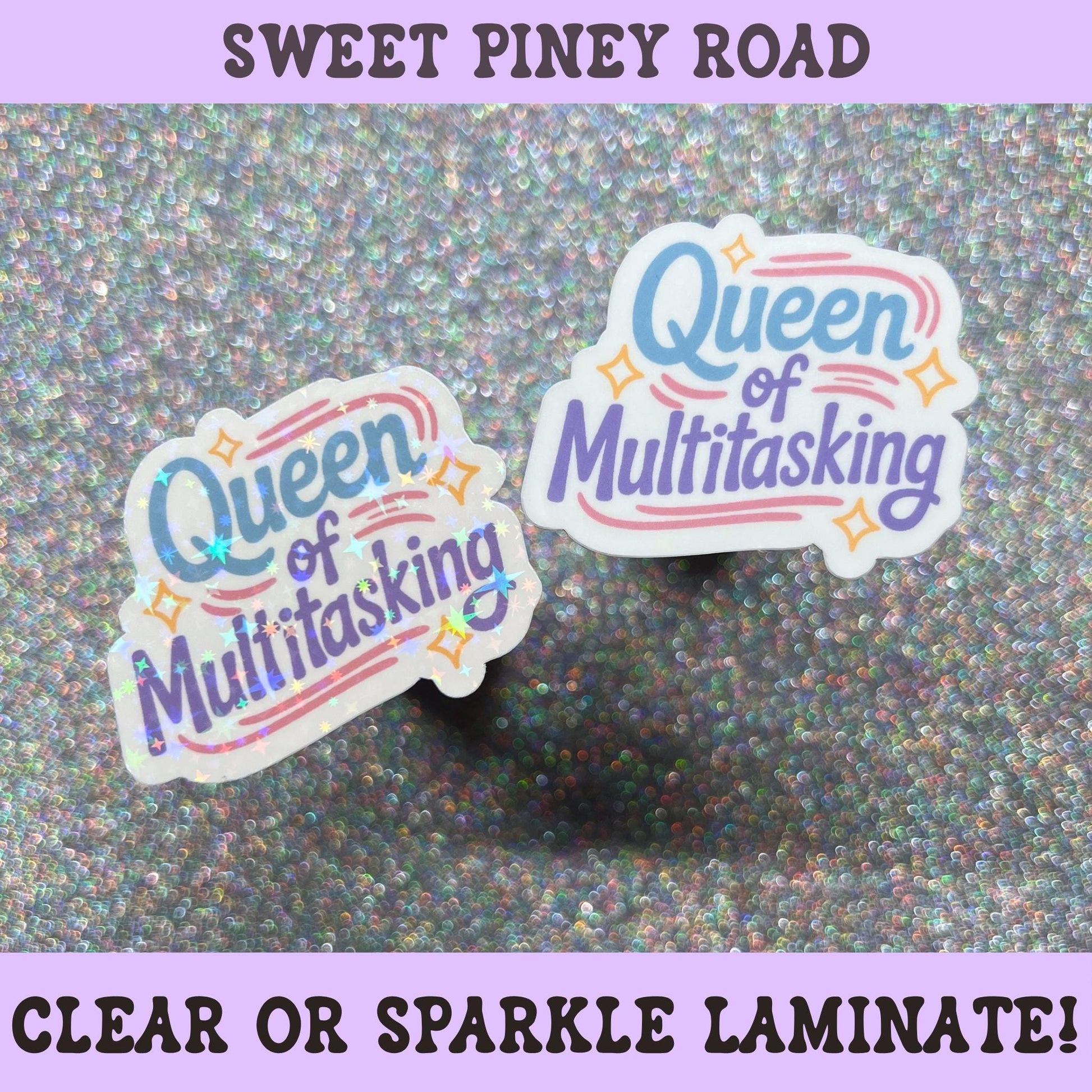 Pastel "Queen of Multitasking" sticker with blue and purple lettering and sparkles, funny office gift for busy women, coworkers, and professionals.