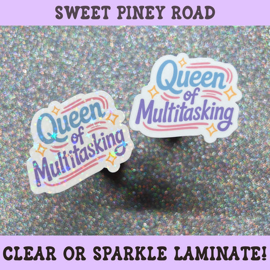 Pastel "Queen of Multitasking" sticker with blue and purple lettering and sparkles, funny office gift for busy women, coworkers, and professionals.