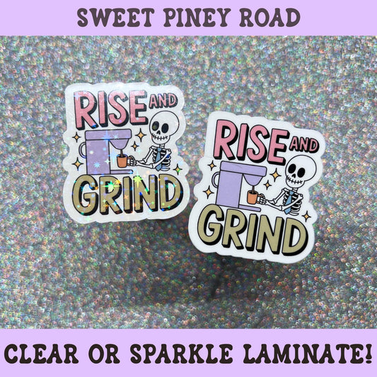 Funny coffee sticker featuring a skeleton making coffee with the phrase "Rise And Grind," workplace humor decal.