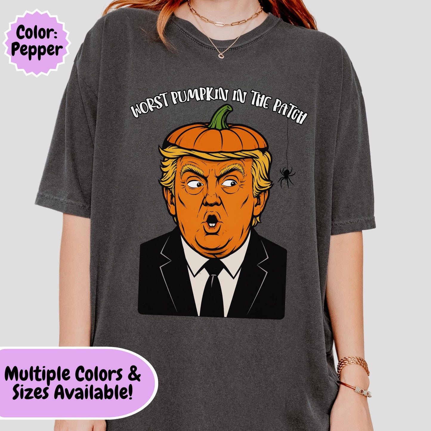 Funny Halloween political graphic featuring an orange Donald Trump caricature wearing a pumpkin top with the phrase "Worst Pumpkin In The Patch," humorous anti-Trump autumn design.