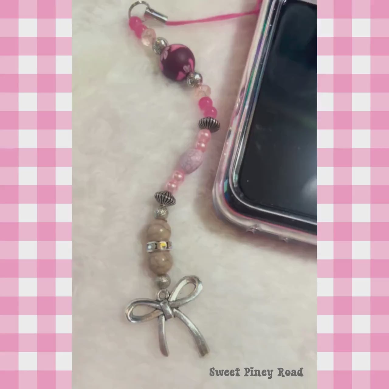 Pink Bow Coquette Beaded Phone Charm, Cellphone Accessory, Cute Girly Aesthetic, Accessories, Gift For Her Mom Friend, 2000s Y2k Vibes
