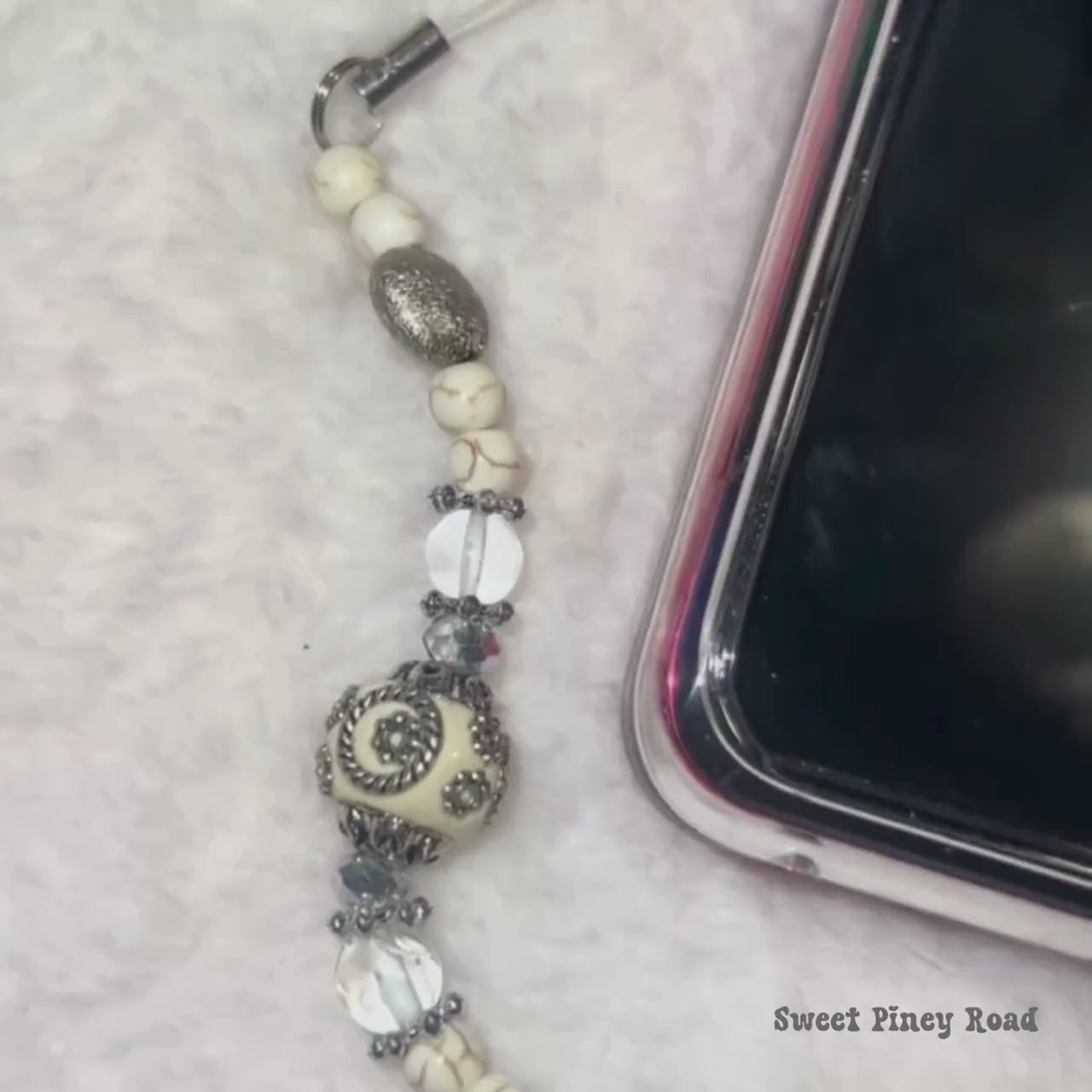 Antique White Beaded Phone Charm, Cellphone Accessory, Cute Girly Aesthetic, Accessories, Gift For Her Mom Friend, 2000s Classy Silver Vibes