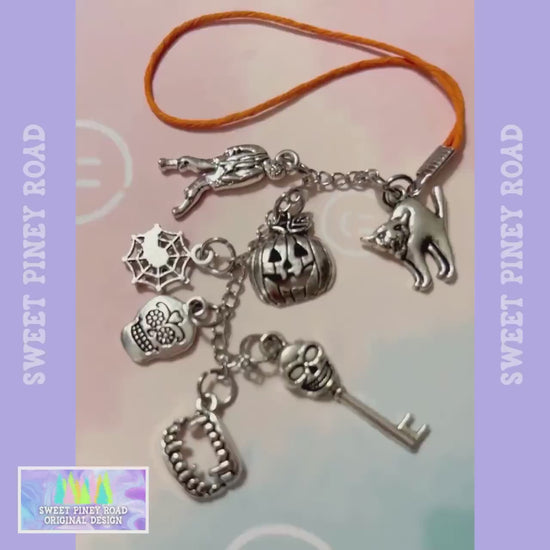 Halloween Phone Charm, Phone Accessories, Metal Cellphone Charm, Cute Spooky Lanyard, Vintage Halloween Gift For Her, Pumpkin Spider Zombie