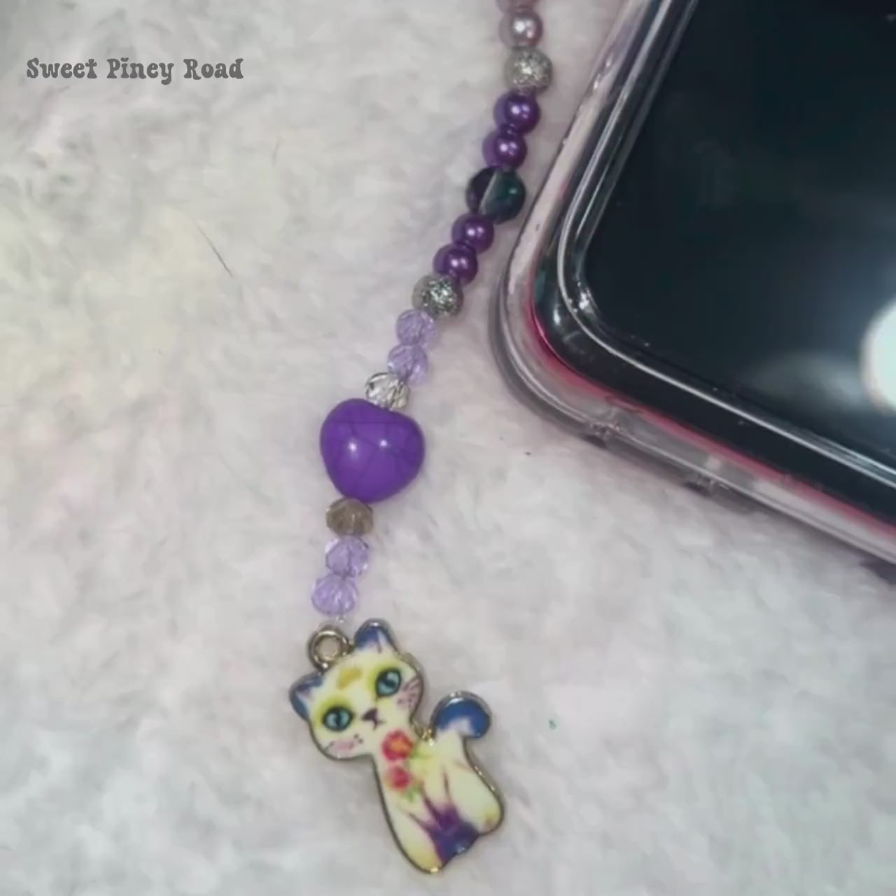 Purple Kitty Cat Beaded Phone Charm, Cellphone Accessory, Cute Girly Aesthetic, Accessories, Gift For Her Mom Friend, Marble Heart 2000s