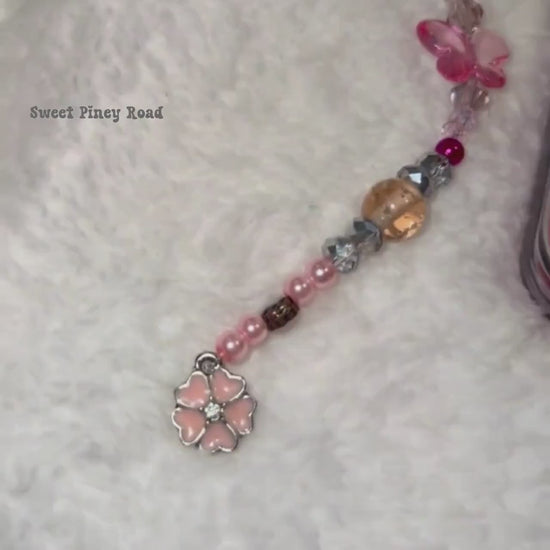 Pink Butterfly Flower Beaded Phone Charm, Cellphone Accessory, Cute Girly Aesthetic, Accessories, Gift For Her Mom Friend, Personalized