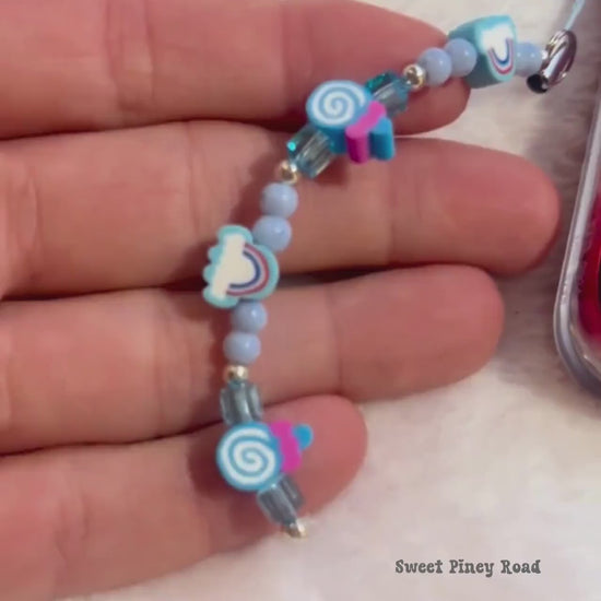 Blue Candy Rainbow Beaded Phone Charm, Cellphone Accessory, Cute Girly Aesthetic, Accessories, Gift For Her Mom Friend, 2000s Y2k Vibes