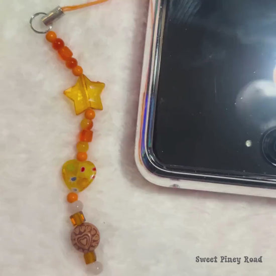 Yellow Orange Star Beaded Phone Charm, Cellphone Accessory, Cute Girly Aesthetic, Accessories, Gift For Her Mom Friend, 2000s Retro Heart