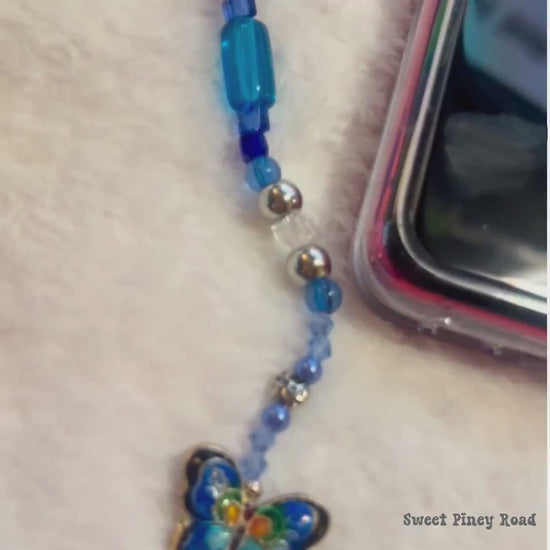 Blue Butterfly Beaded Phone Charm, Cellphone Accessory, Cute Girly Aesthetic, Accessories, Gift For Her Mom Friend, 2000s Y2k Vibes