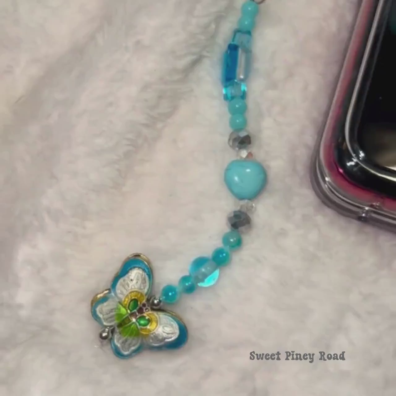 Blue Teal Butterfly Heart Beaded Phone Charm, Cellphone Accessory, Cute Girly Aesthetic, Accessories, Gift For Her Mom Friend, Personalized