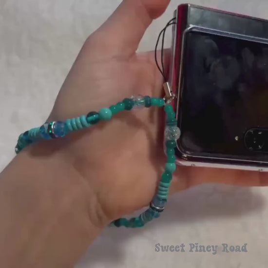 Teal Blue Beaded Phone Charm Strap, Chain Cellphone Strap Lanyard, Cute Kawaii Wristlet Accessory, Girly Accessory, Gift For Her, 2000s Y2k