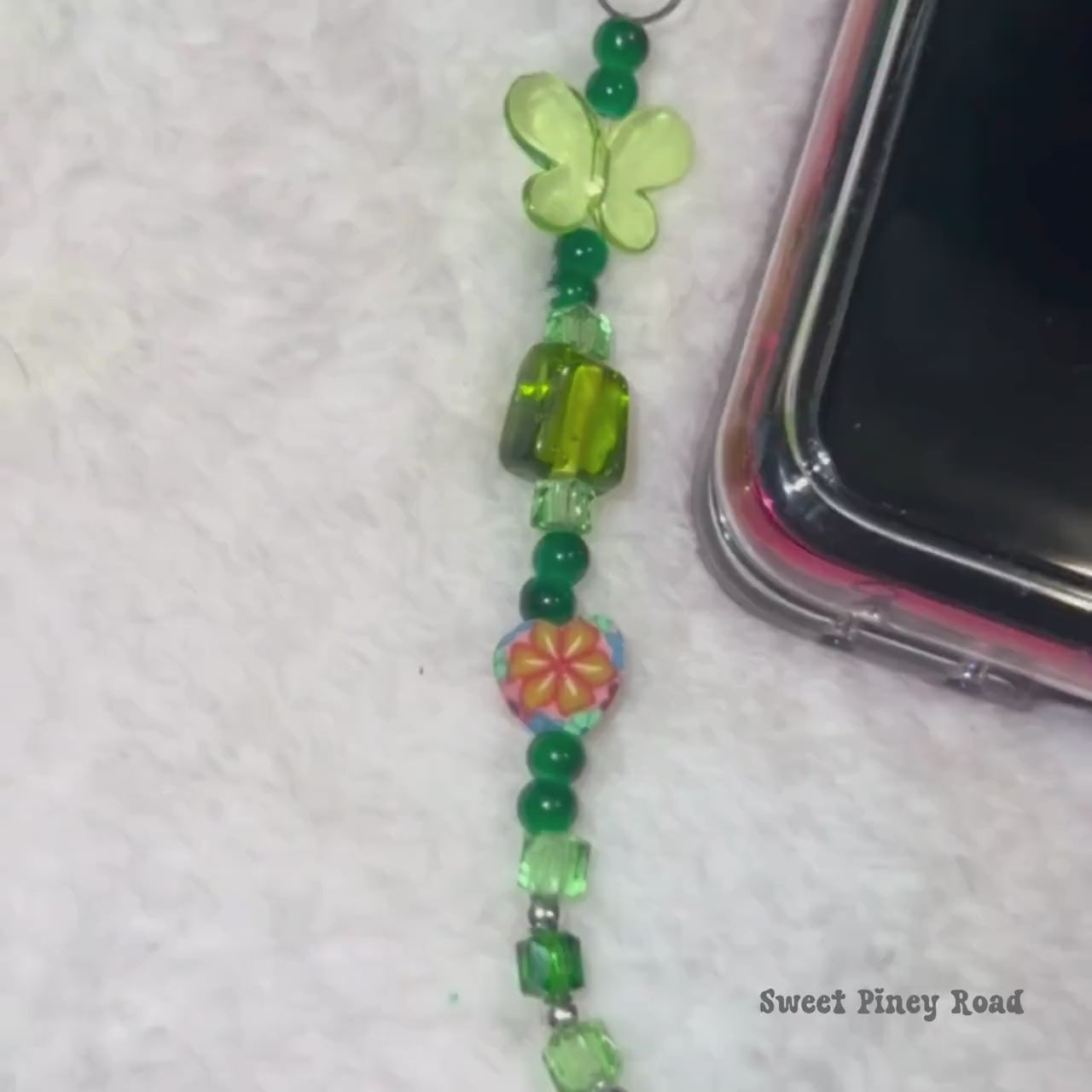 Green Butterfly Retro Flower Beaded Phone Charm, Cellphone Accessory, Cute Girly Aesthetic, Accessories, Gift For Her Mom Friend, 2000s Vibe