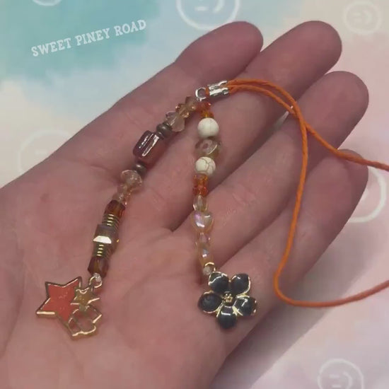 Orange Flower Phone Charm Strap, Universal Wrist Fit, Adorable Beaded Charms, Hands-Free Wristlet Grip, Cute Black Star, Custom Gift For Her
